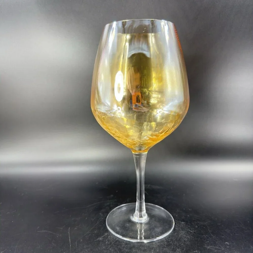 Pier 1 Glass Balloon Goblet Yellow Luster‎ Finish Crackled Glass Top Single 1
